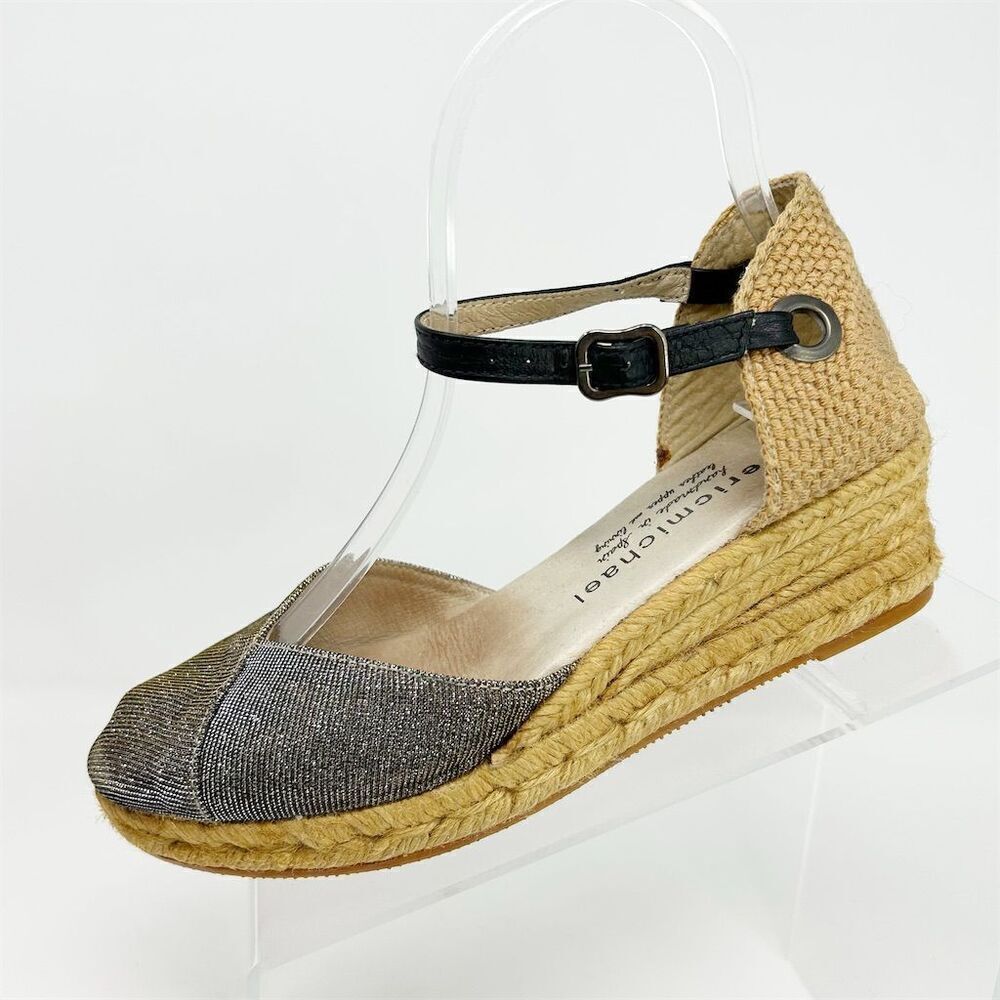 Eric Michael Silver Espadrille Ankle Strap Wedge Sandals Size 37 Summer Casual